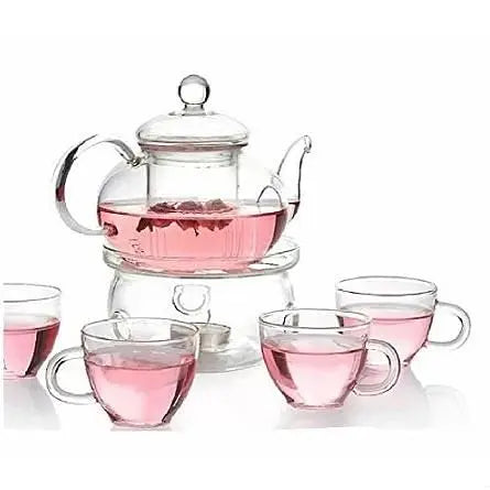 6-Piece Glass Tea Pot Set with 4 Cups Teapot Warmer and Infuser Yellow Crius