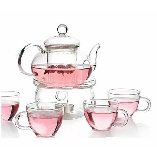 6-Piece Glass Tea Pot Set with 4 Cups Teapot Warmer and Infuser Yellow Crius