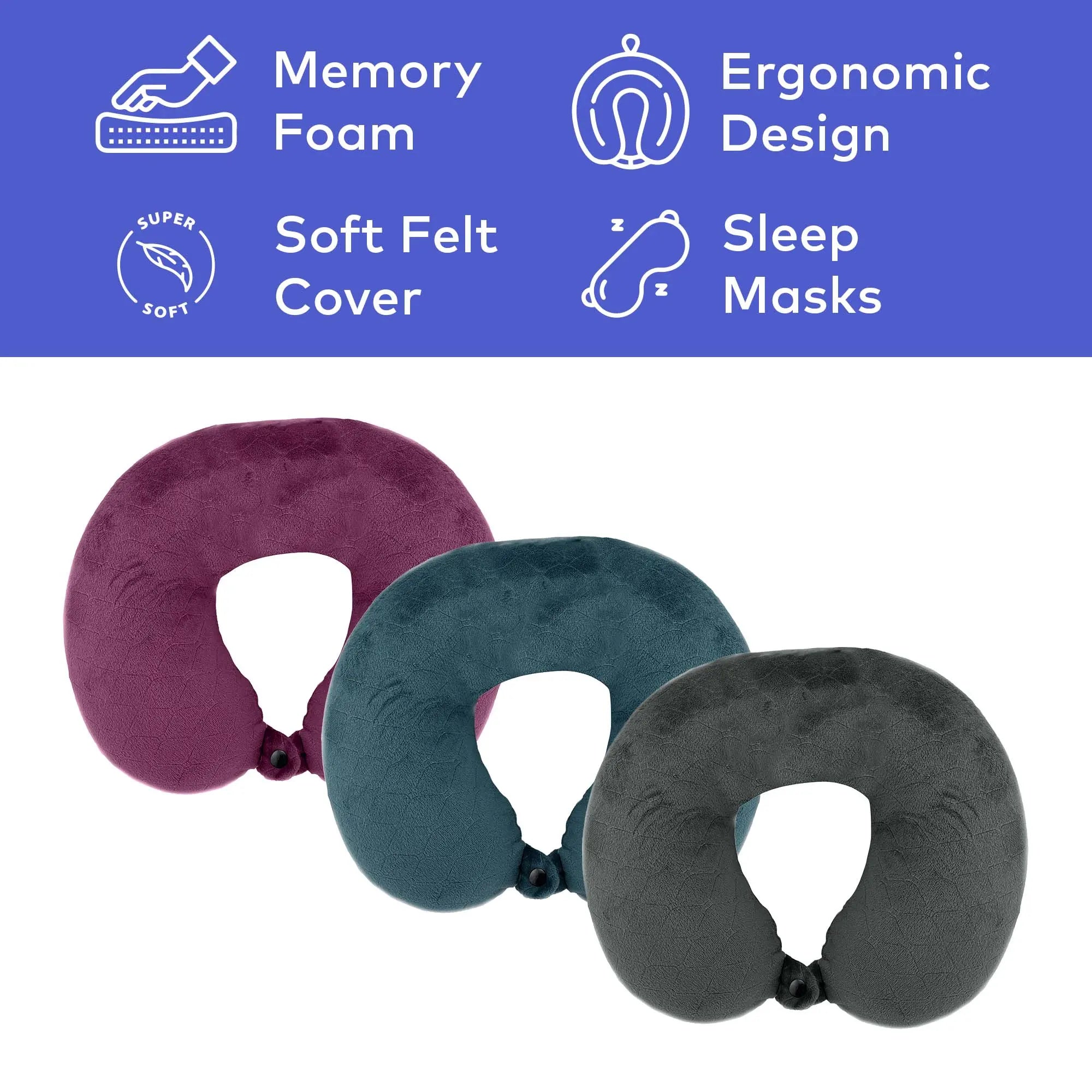 3 Memory Foam Travel Pillows with Sleep Masks by Pursonic Blush Apollo