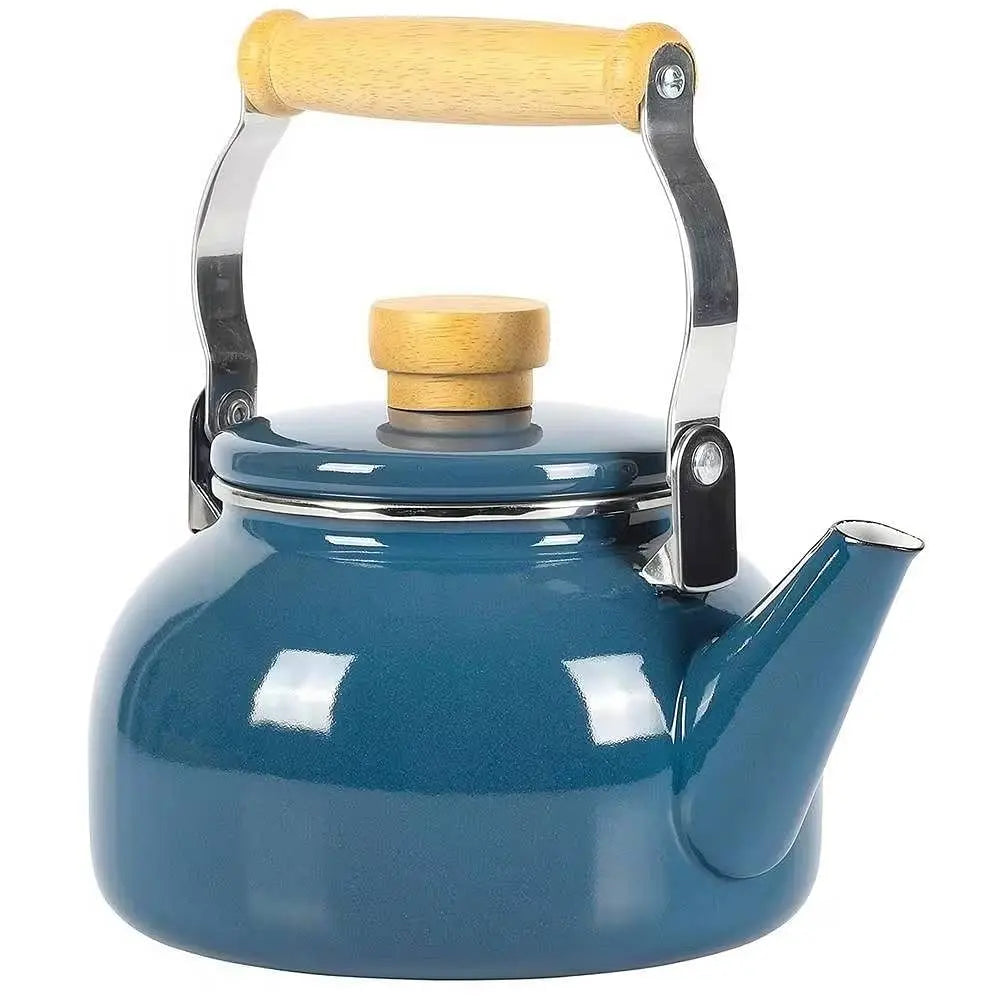 1.5 Qt. Steel Teapot Kettle w/ Blue White Glossy Enamel Coating and Yellow Crius